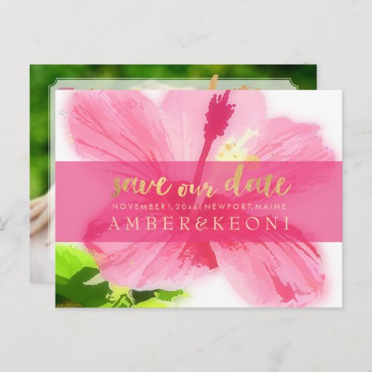 PixDezines Pink-Hibiskus/rett-Datum/DIY Ankündigungspostkarte (Vorne/Hinten)