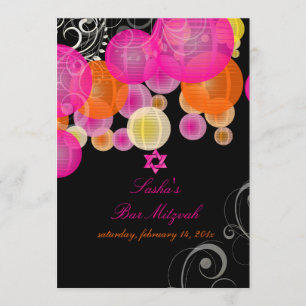 PixDezines pink+orange Laternen/Fledermaus Mitzvah Einladung