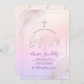 PixDezines Pink Silver Palms Taufe Einladung (Vorne/Hinten)