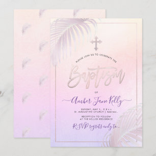 PixDezines Pink Silver Palms Taufe Einladung