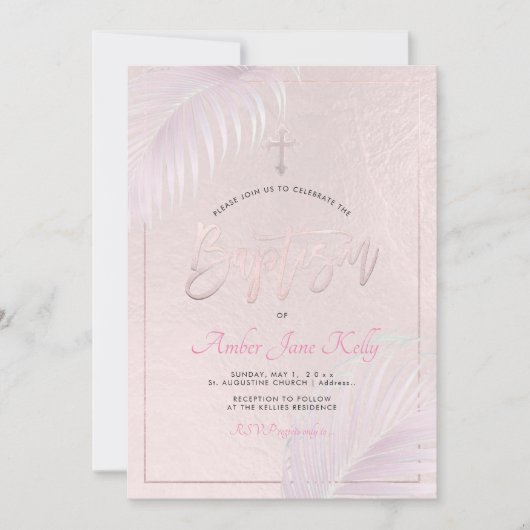 PixDezines Pink Silver Palms Taufe Einladung (Vorderseite)