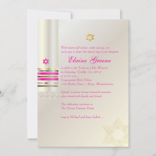 PixDezines Pink Tallit/Bat Mitzvah Einladung (Vorderseite)