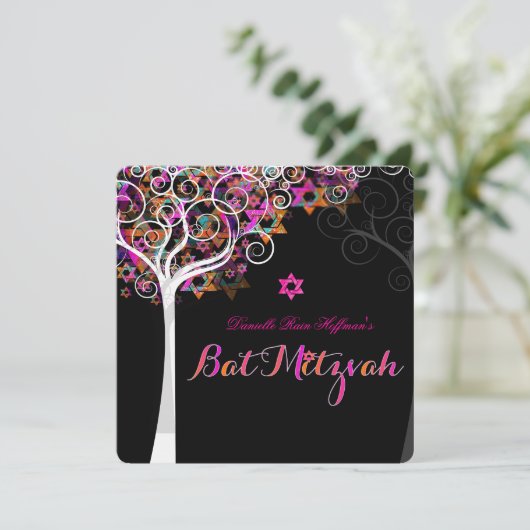 PixDezines Pink Tree of Life Bat Mitzvah Einladung (Stehend Vorderseite)