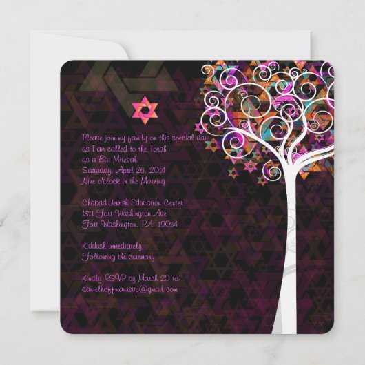 PixDezines Pink Tree of Life Bat Mitzvah Einladung (Rückseite)