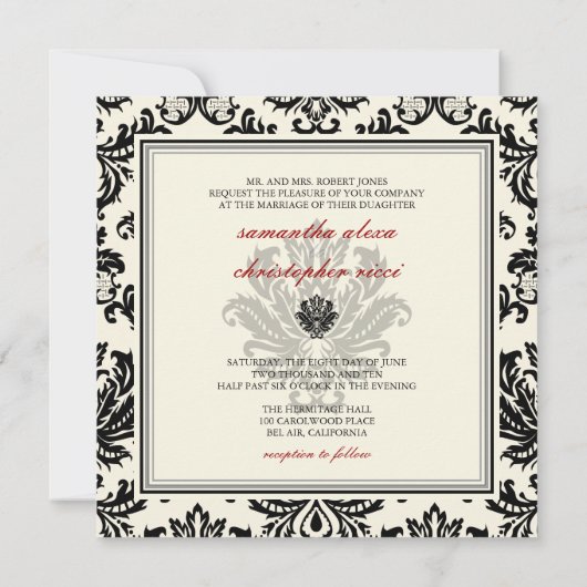 PixDezines Piqué, Damask/DIY-Farbe/Schwarz+Aus Wei Einladung (Rückseite)