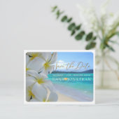 PixDezines Plumeria+Beach Save the Date Postkarte (Stehend Vorderseite)