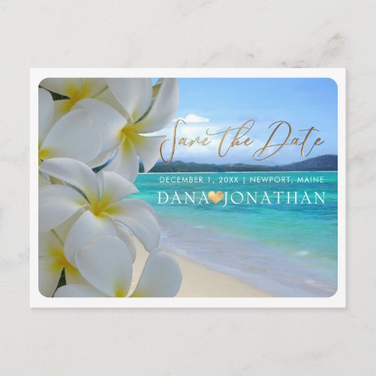 PixDezines Plumeria+Beach Save the Date Postkarte (Vorderseite)