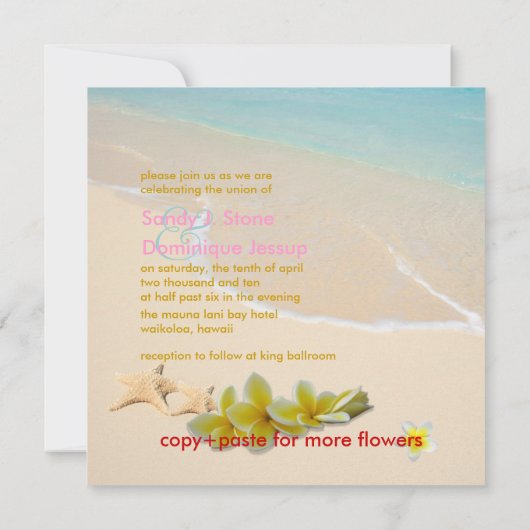 PixDezines Plumeria Lei/Strand/Starfish tropisch Einladung (Rückseite)