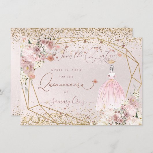 PixDezines Quinceanera Blush Pink Save the Date Einladung (Vorne/Hinten)