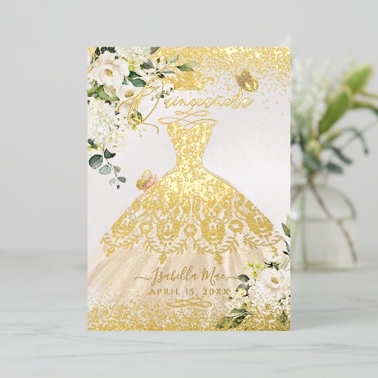 PixDezines Quinceanera Champagne Glitzer Gown Folieneinladung (Stehend vorne)