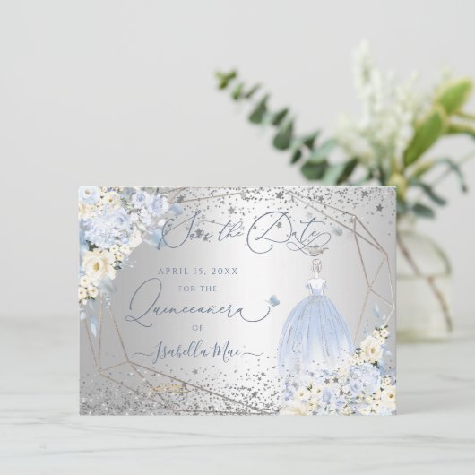 PixDezines Quinceanera Dusty Blue Dress Rett Datum Einladung (Stehend Vorderseite)