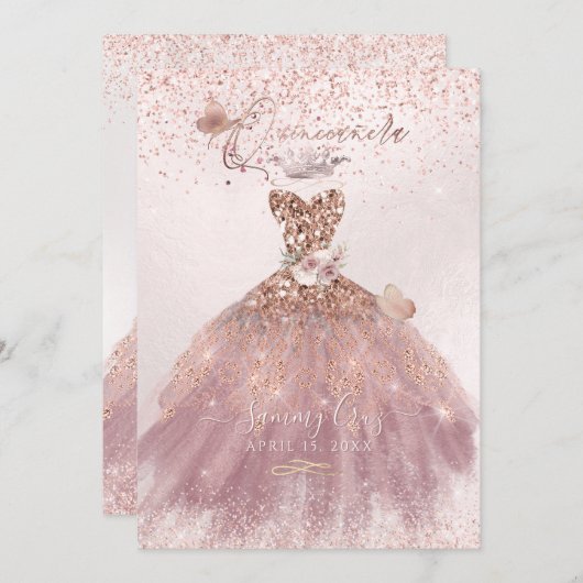 PixDezines Quinceanera Dusty Rose Glitzer Gown Einladung (Vorne/Hinten)