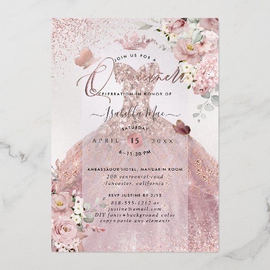 PixDezines Quinceanera Dusty Rose Gold Gown Folieneinladung (Rückseite)