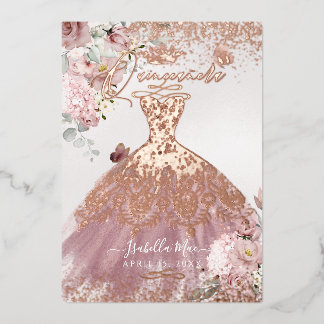 PixDezines Quinceanera Dusty Rose Gold Kleid Folieneinladung