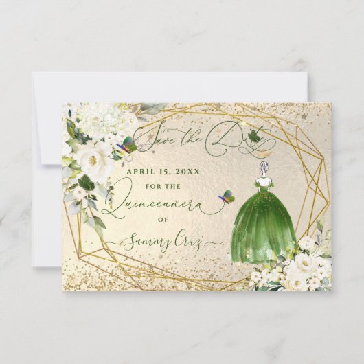 PixDezines Quinceanera Emerald Green Dress Card Save The Date (Vorderseite)