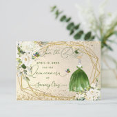PixDezines Quinceanera Emerald Green Dress Card Save The Date (Stehend Vorderseite)