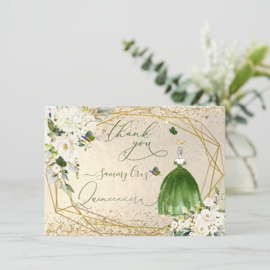 PixDezines Quinceanera Emerald Green Dress Einladung (Stehend Vorderseite)