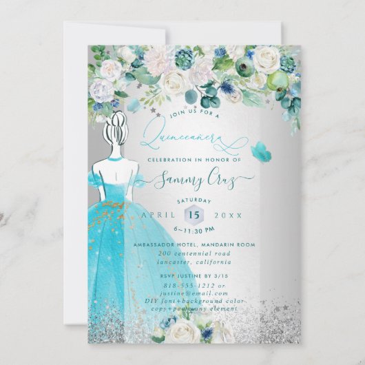 PixDezines Quinceanera H2 Blume Aqua Blau Kleid Einladung (Rückseite)