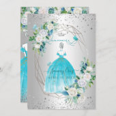 PixDezines Quinceanera H2 Blume Aqua Blau Kleid Einladung (Vorne/Hinten)