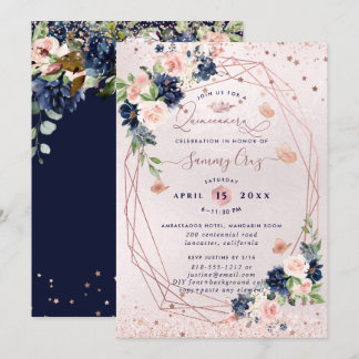 PixDezines Quinceanera H2 Blume Blush Navy Einladung