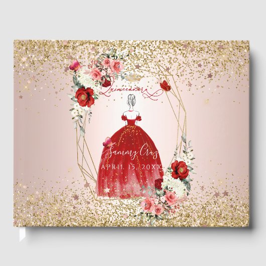 PixDezines Quinceanera H2 Blume Rotes Kleid Gästebuch (Vorderseite)