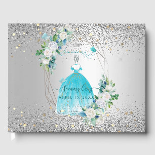 PixDezines Quinceanera H2 Blumen Aqua-Blaues Kleid Gästebuch