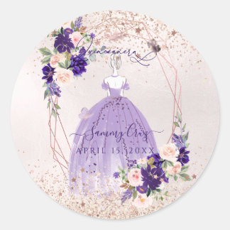 PixDezines Quinceanera Lila Rose Gold H2 Blume Runder Aufkleber