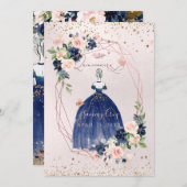 PixDezines Quinceanera Navy Rose Gold H2 Blume Einladung (Vorne/Hinten)