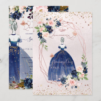 PixDezines Quinceanera Navy Rose Gold H2 Blume Einladung