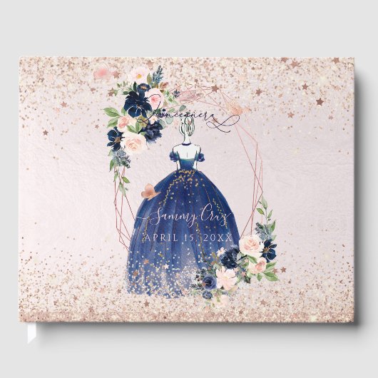 PixDezines Quinceanera Navy Rose Gold H2 Blume Gästebuch (Vorderseite)