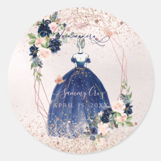 PixDezines Quinceanera Navy Rose Gold H2 Blume Runder Aufkleber