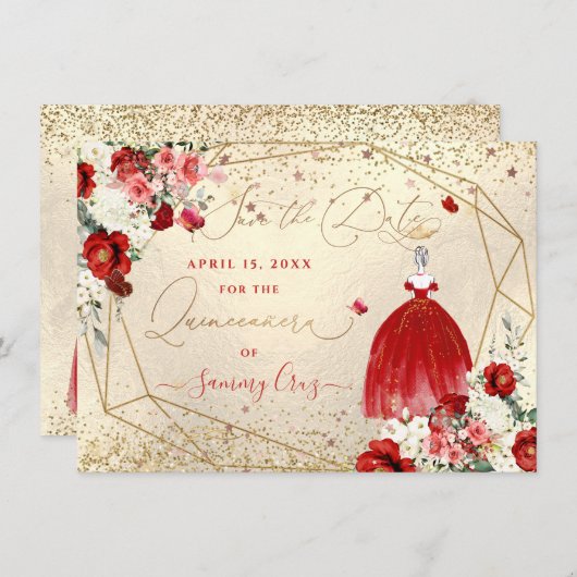 PixDezines Quinceanera Red Gown Save the Date Einladung (Vorne/Hinten)
