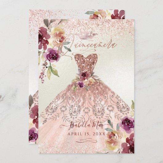 PixDezines Quinceanera Rose Gold Glitzer Gown Einladung (Vorne/Hinten)