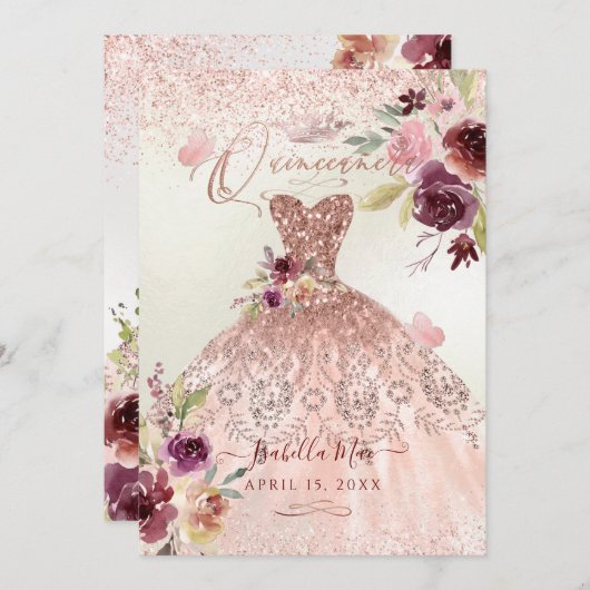 PixDezines Quinceanera Rose Gold Glitzer Gown Einladung (Vorne/Hinten)