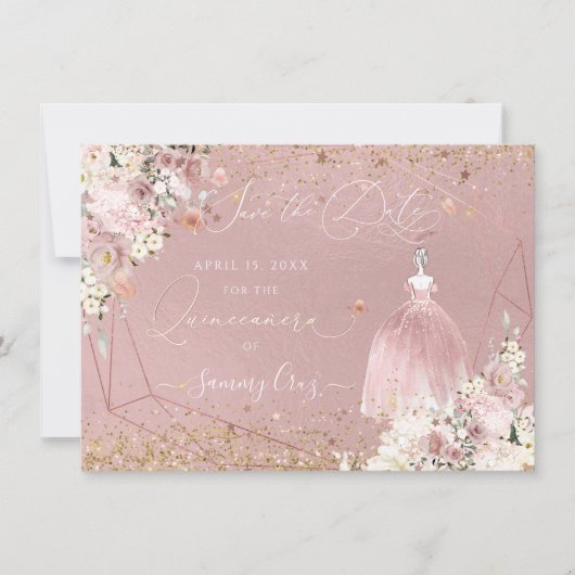 PixDezines Quinceanera Rose Gold Save the Date  Einladung (Vorderseite)