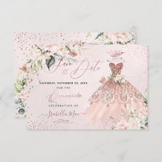 PixDezines Quinceanera Save the Date Rose Gold Einladung (Vorne/Hinten)