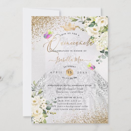 PixDezines Quinceanera Silver Dress Gold Glitzer Einladung (Rückseite)