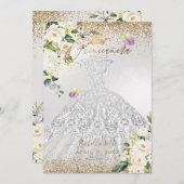 PixDezines Quinceanera Silver Dress Gold Glitzer Einladung (Vorne/Hinten)