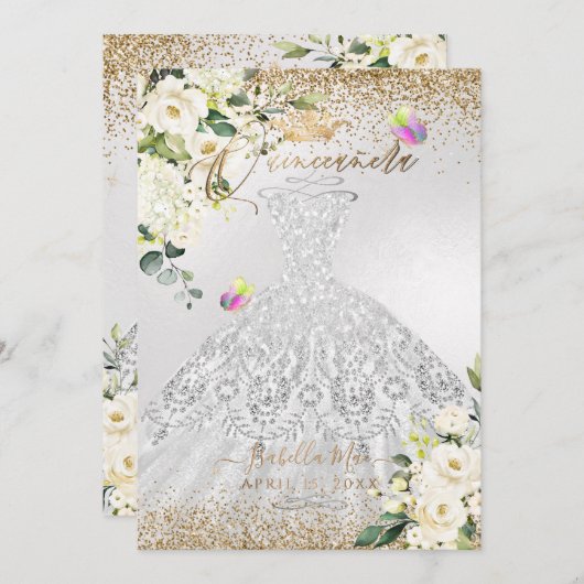 PixDezines Quinceanera Silver Dress Gold Glitzer Einladung (Vorne/Hinten)