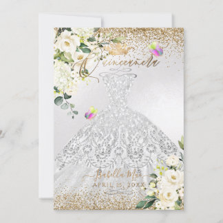 PixDezines Quinceanera Silver Dress Gold Glitzer Einladung