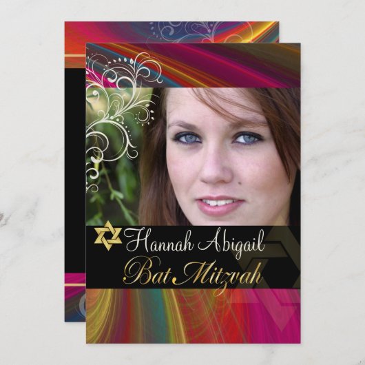 PixDezines Rainbow Bat Mitzvah Invites Einladung (Vorne/Hinten)