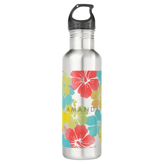 PixDezines Retro-Hibiskus/orange/blau/gelb Trinkflasche (Vorderseite)