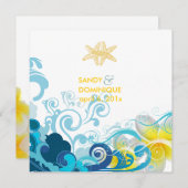 PixDezines Retro-Wellen, Plumeria+Seestern+Strand Einladung (Vorne/Hinten)