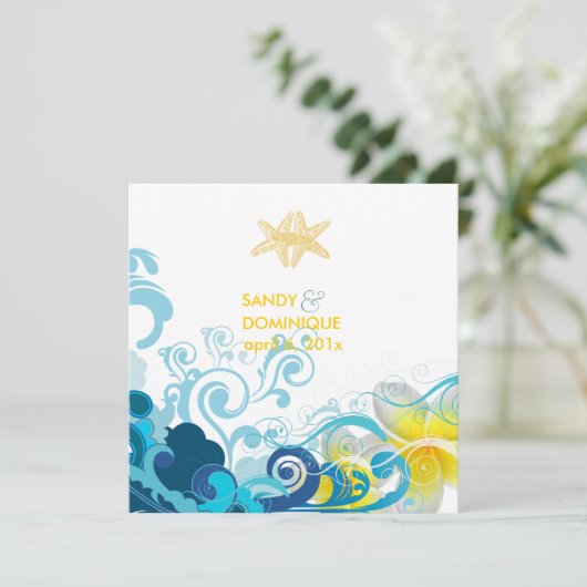 PixDezines Retro-Wellen, Plumeria+Seestern+Strand Einladung (Stehend Vorderseite)