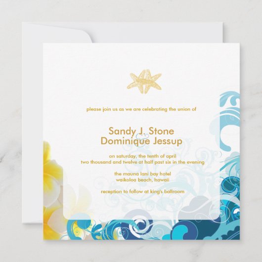 PixDezines Retro-Wellen, Plumeria+Seestern+Strand Einladung (Rückseite)