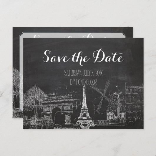 PixDezines/Rett Datum/Chalkboard/Paris gezeichnet Ankündigungspostkarte (Vorne/Hinten)