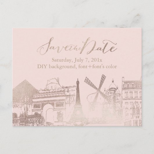 PixDezines/Rett Datum/Imitate Rosa Gold/Paris geze Ankündigungspostkarte (Vorderseite)