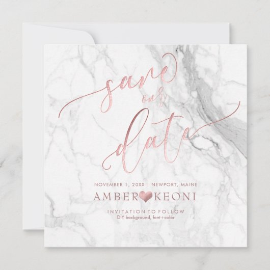 PixDezines Rett Datum/Imitate Rose Gold/Weiß Marmo Save The Date (Vorderseite)