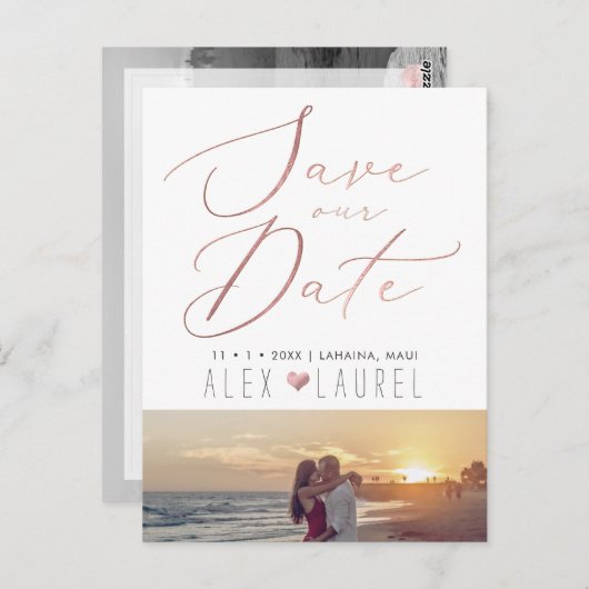 PixDezines Rett Datum, Imitate Rose Goldkalligraph Postkarte (Vorne/Hinten)