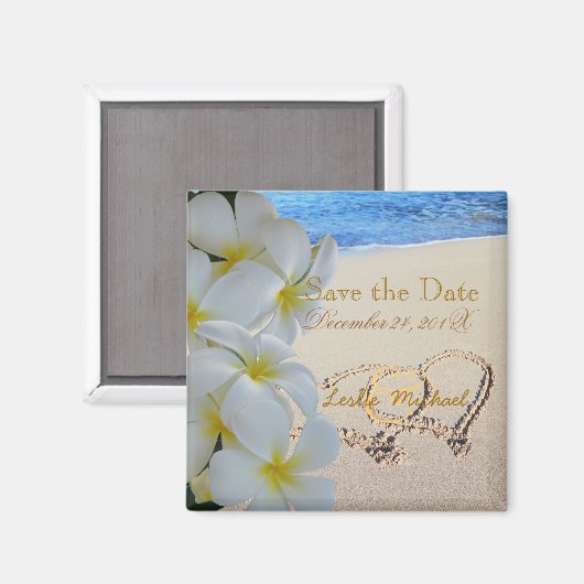 PixDezines Rett Datum, Strand+Plumeria+Herz Magnet (Vorderseite/Rückseite)